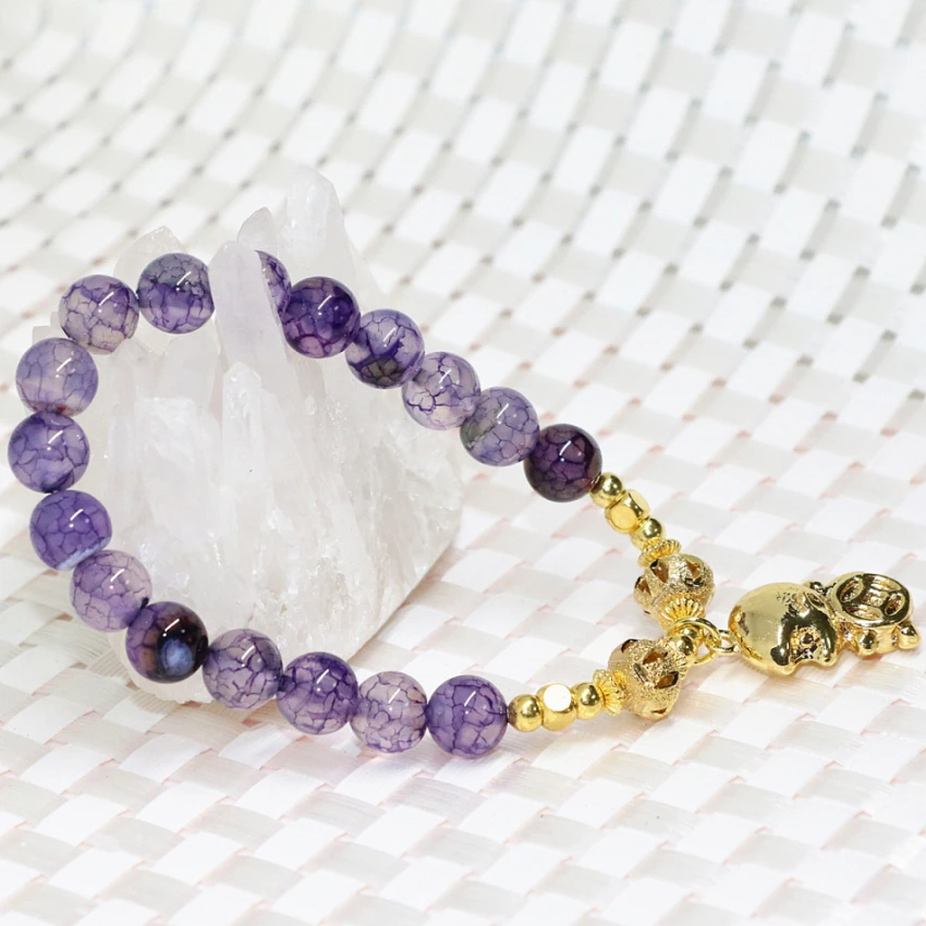 Bohemia style gold-plated monkey accessory natural purple 8mm popcorn agate round beads stone bracelet diy jewelry 7.5inch B2058 | Украшения