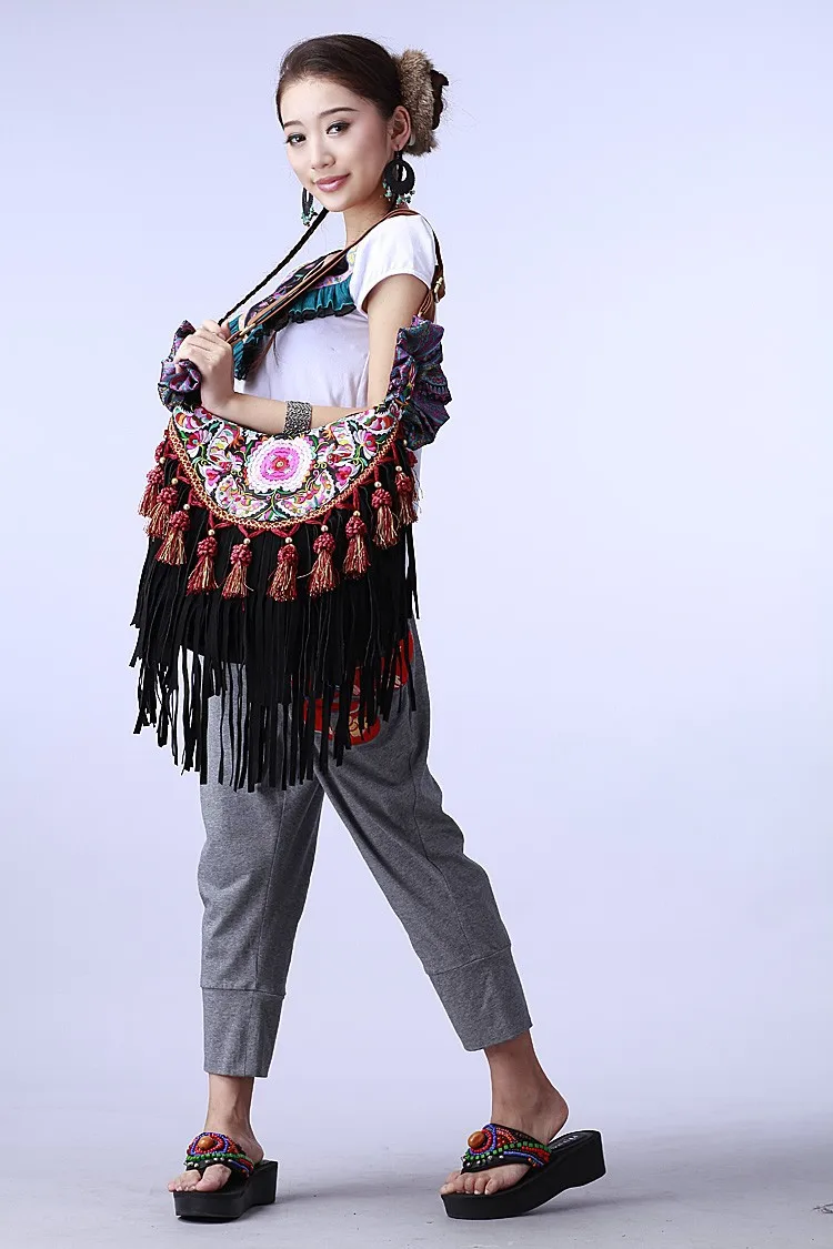 Классические черные женские сумки ручной работы с кисточками холщовые