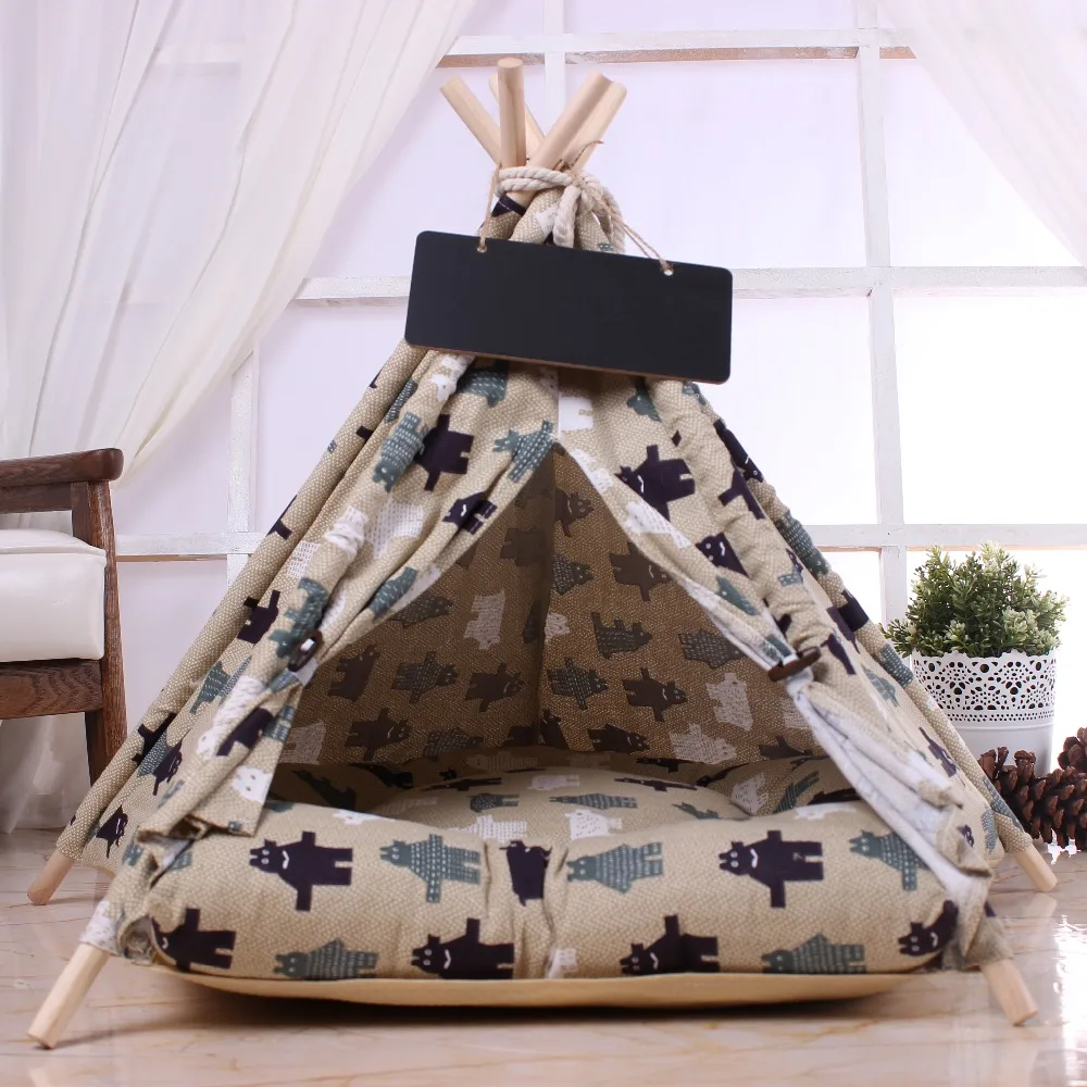Solid Wood Pole Dog Tent With Cushion Pet Tent Comfortable Cotton Kennel Cute Kennel(Blackboard Not Included)