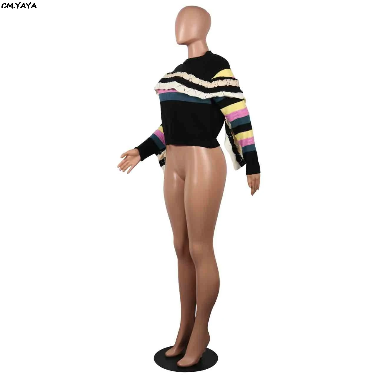 2019 women new summer knitted ruffles splicing long sleeve rainbow stripes patchwork vintage sweater tops GLM814 | Женская одежда