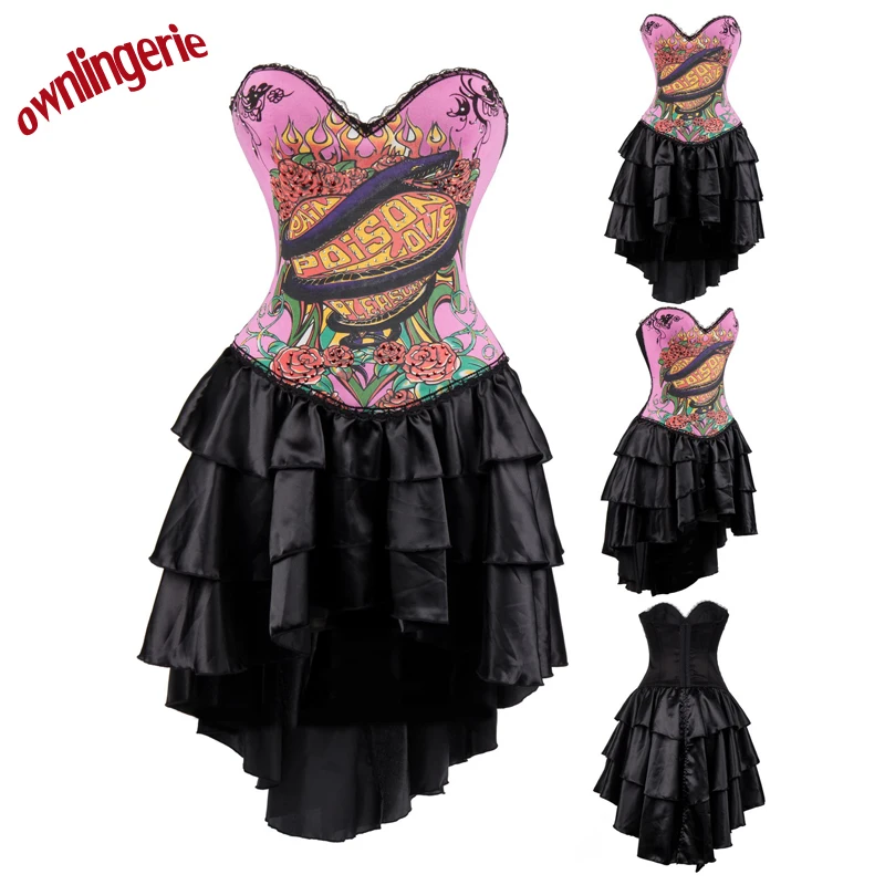 Free shipping wholesale Sexy pink Punk Corset Bustier dress with animal Dragon  design s-2xl W3487
