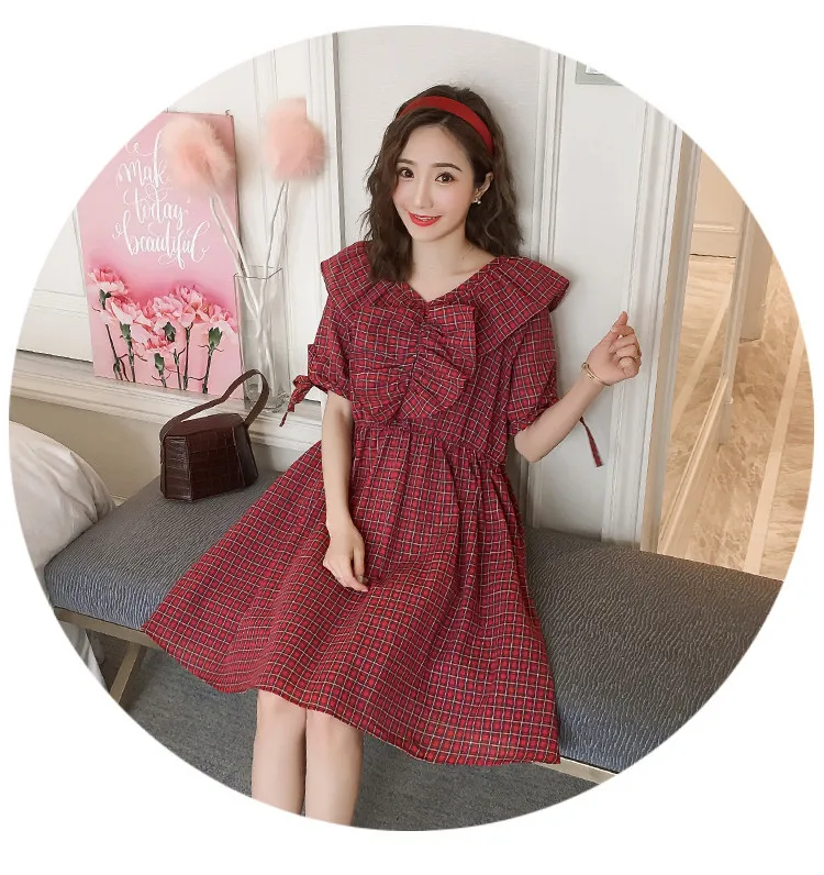 Poungdudu maternity pregnant women dress cotton linen lattice shirt clothes Real shot spot summer | Мать и ребенок