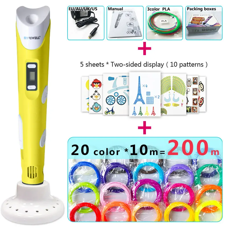 Yellow pen Package 2 Myriwell 3d ручки, светодиодный дисплей, ABS/PLA нити, модель Smart 3d Ручка для печати, лучший подарок для Kidspen-3d - Цвет: Yellow pen Package 2