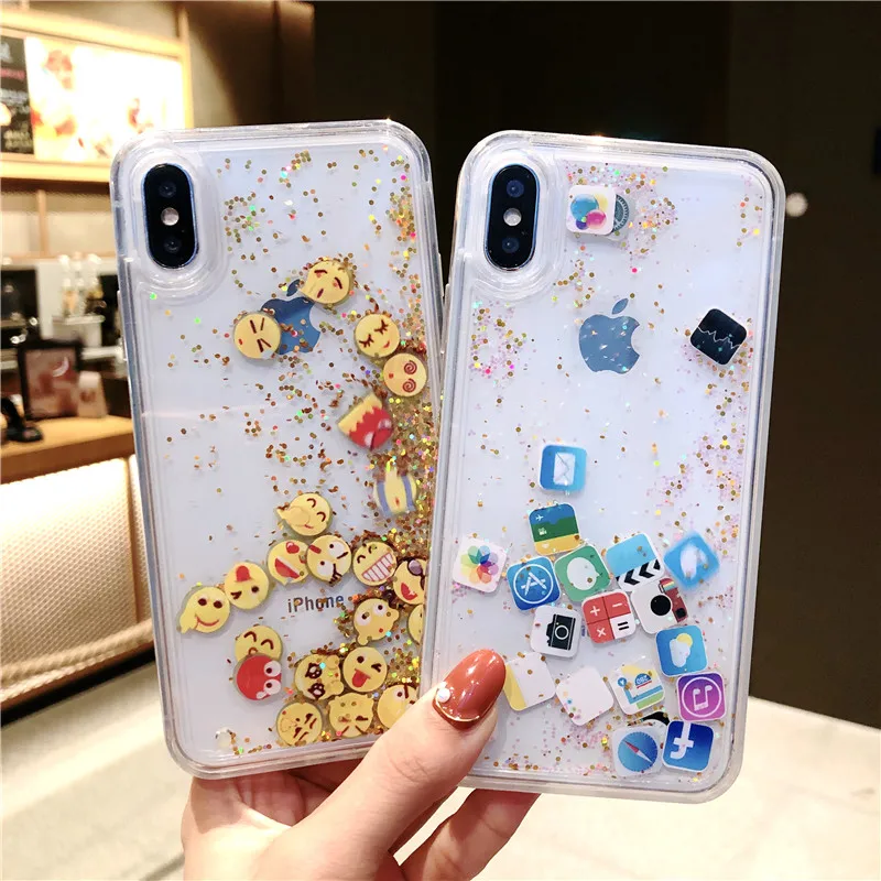 OBANGLE App Moji Liquid Glitter Quicksand Cover Case For iphone 6 6S 7 8 Plus X XR XS Max Cute Transparent Phone Back |