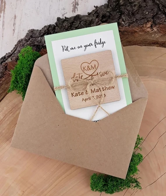 personalize names date engraved Wooden Card save the Wedding invitations Magnets Save Date Magnet | Дом и сад