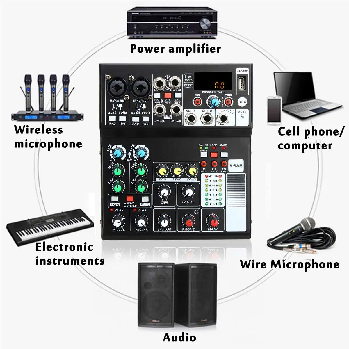 LEORY портативный аудиомиксер с 6 каналами USB bluetooth для DJ Live Stage музыкальный