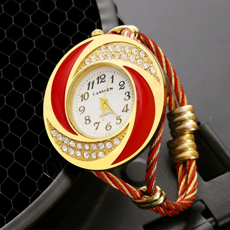 

Luxury Women Gold Red Metal Bracelet Watches Fashion Casual Ladies Rhinestone Bangle Watch Creative Woman Clock Relogio Feminino