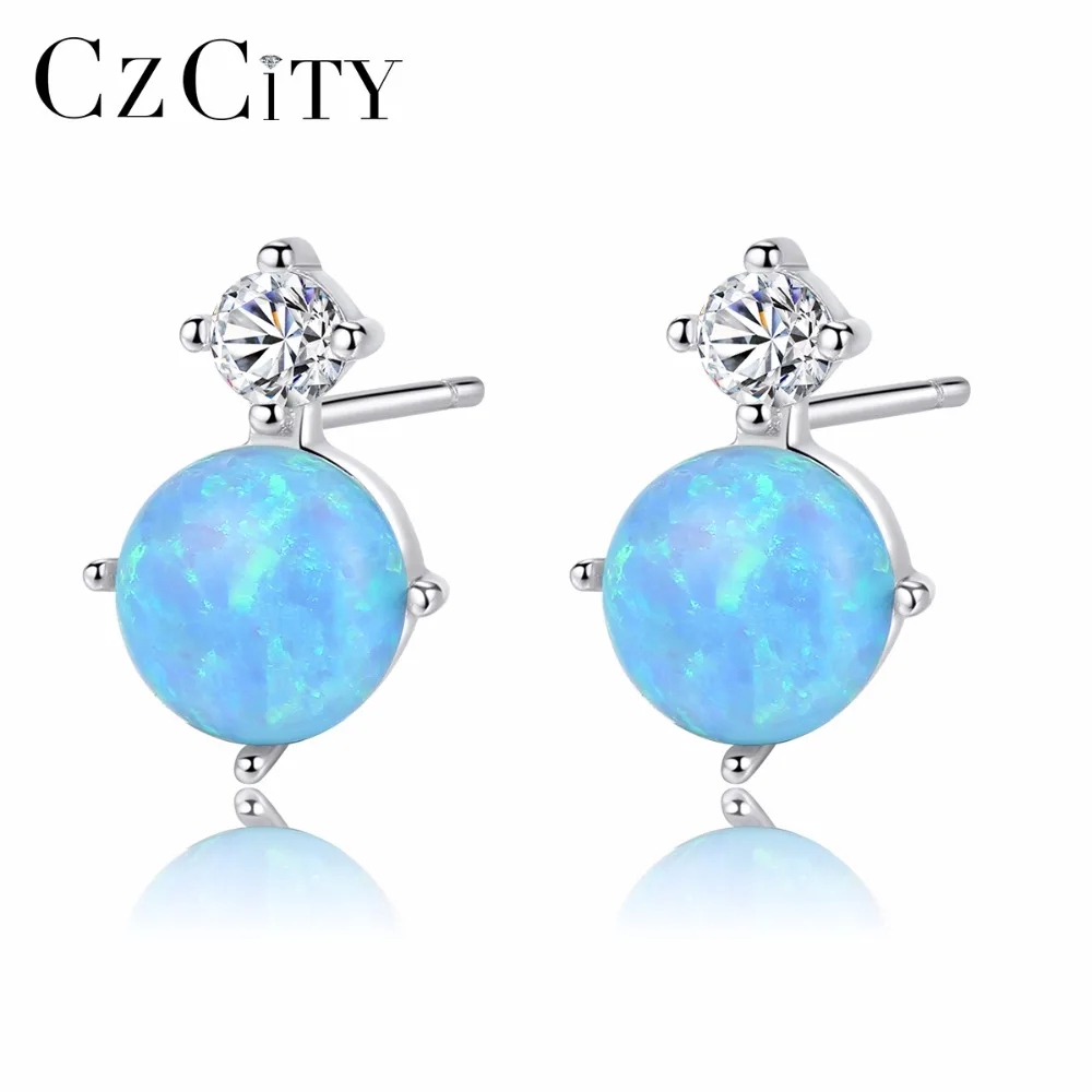 

CZCITY Girls 925 Silver Blue White Fire Opal Studs Earring Wedding Bridal Fine Jewelry Cubic Zirconia Christmas Gifts for Friend