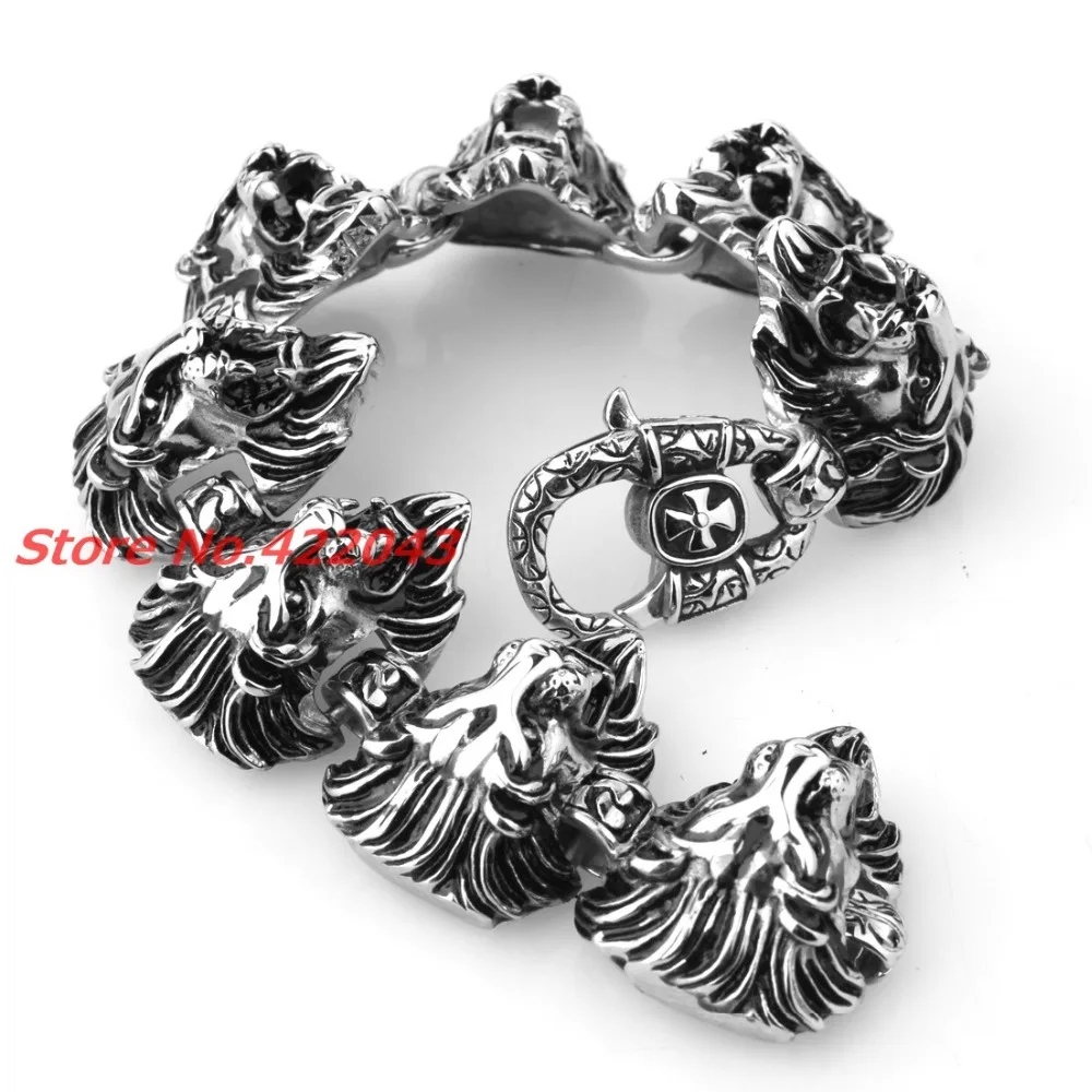 

8.86" * 31mm 132g Hip-hop Silver Black Color Mens Heavy Jewelry Stainless Steel Silver Lion Heads Male Bracelet Bangle Jewelry