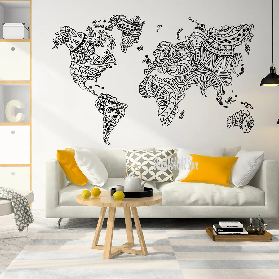 

Mandala Large World Map Wall Decal Home Bedroom Living Room Decor Outline World Map Sticker Removable Adhesive Wall Mural C46