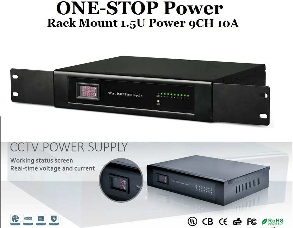 Блок питания с универсальным креплением на стойке 1.5U DC12V 9 CH 10A UL для камеры