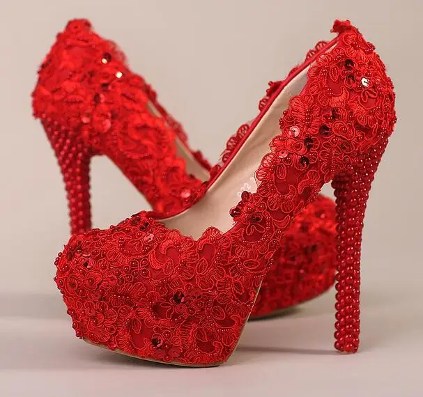 14cm shoe BaoYaFang/Красные кружевные женские свадебные туфли с жемчугом свадебные туфли с кружевом на тонком каблуке вечерние туфли на высоком каблуке Женская обувь - Цвет: 14cm shoe