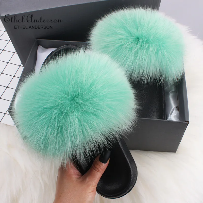 Mint Green Fox Fur Ethel Anderson/Шлепанцы из натурального Лисьего меха; женские Вьетнамки; летние пляжные сандалии-шлепанцы с лисьим мехом; женская обувь; большие размеры - Цвет: Mint Green Fox Fur