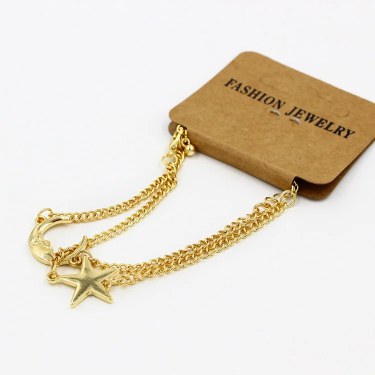 2pc/1set korean boho women hand chains jewelry gold silver plated moon star carving bangle bracelet pulseira | Украшения и