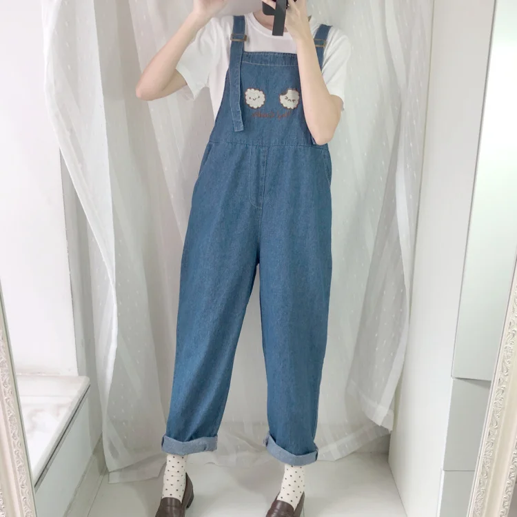 dark blue pants Модный женский джинсовый комбинезон, японский стиль Kawaii, джинсы свободного кроя с вышивкой печенья, синие комбинезоны, винтажные Женские повседневные Комбинезоны - Цвет: dark blue pants