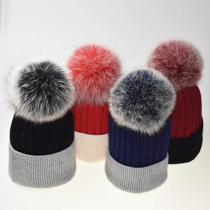 2018 зимние Лоскутные Шапки из лисьего меха женские теплые вязаные шапки