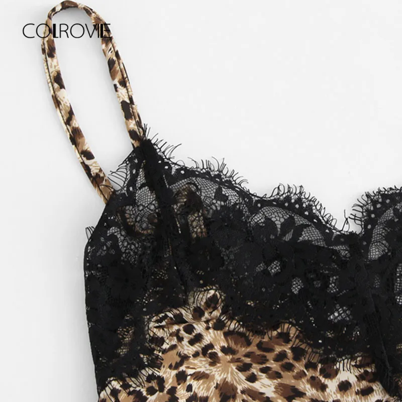 COLROVIE Lace Insert Leopard Cami Top And Shorts PJ Set Женская пижама без рукавов с v-образным вырезом Весенняя Сексуальная Ночная одежда