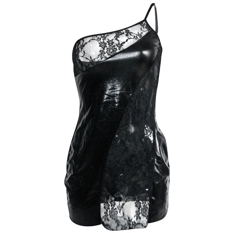 Женское мини платье на одно плечо сексуальное прозрачное из виниловой кожи для