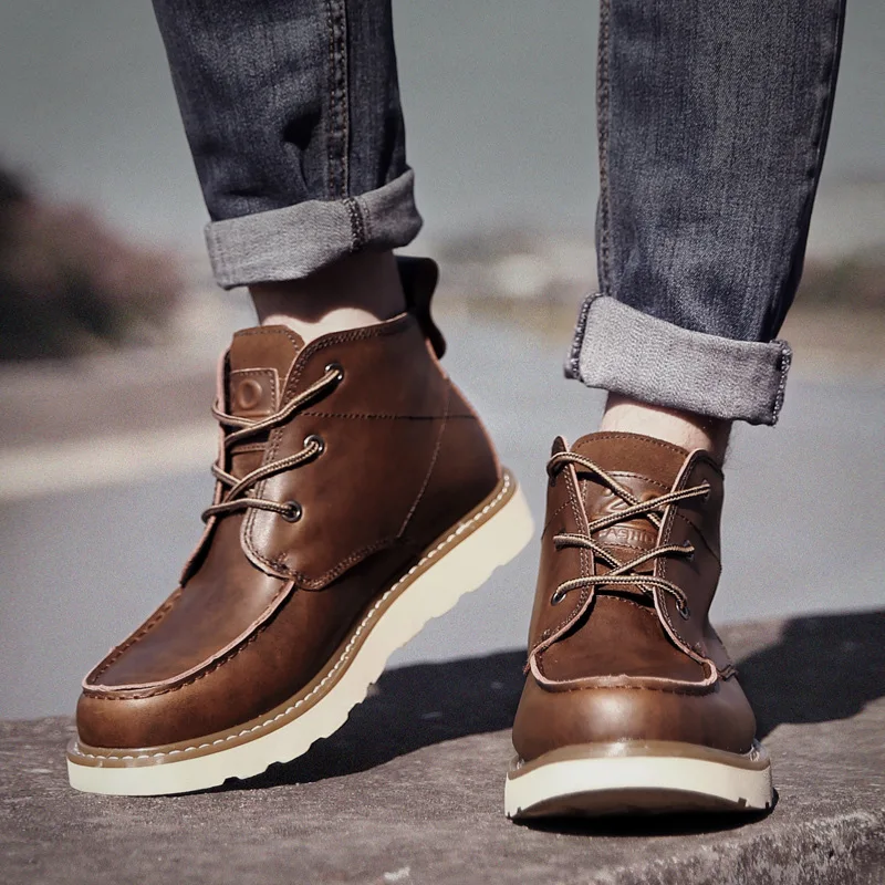 Ботинки мужские однотонные с круглым носком повседневные мотоциклетные