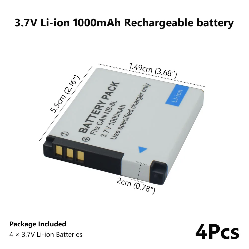 4PCS Литиевые 3,7 V 1000mAh перезаряжаемые батареи SLR NB-8L литий-ионный Powershot A3300 A3200 IS A1200 A3000 для камеры Canon - Цвет: 4PCS