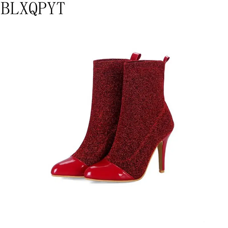 

BLXQPYT Big size 34-48 short Boots women Ankle Boots Sexy tenis feminino high Heels Lace Pointed toe Wedding Shoes woman k033