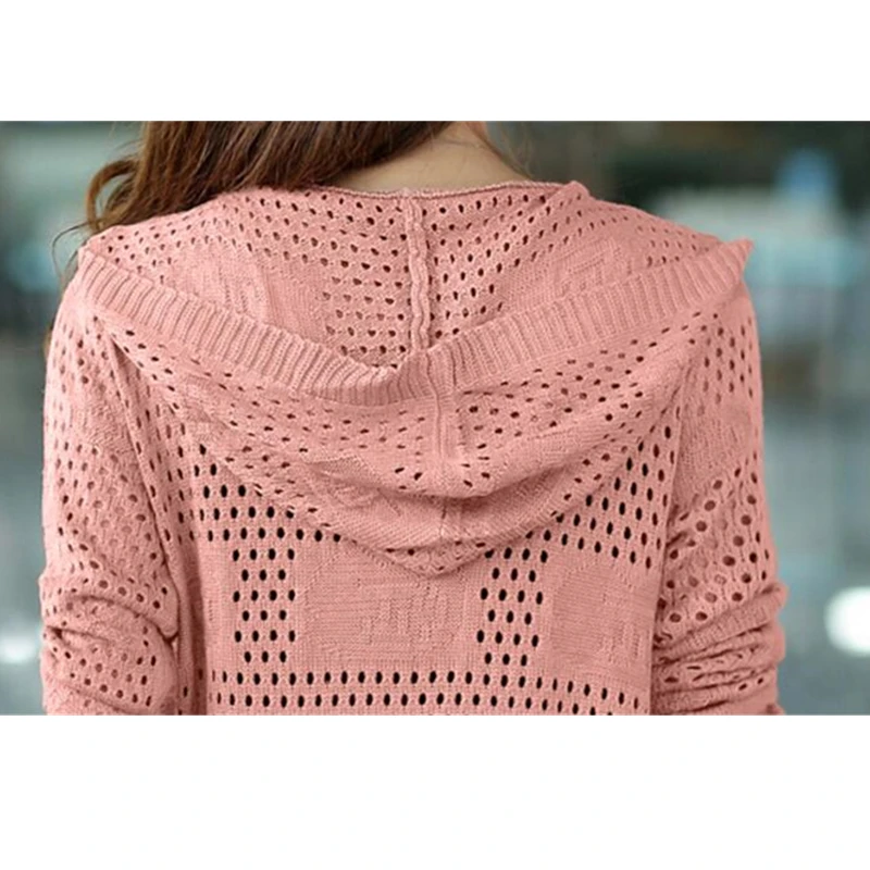 

Fashion Spring Autumn Plus Size Knitted Cardigan Sweater Women Hollow Hooded Casual Mid-Length Outside Shawl Female Tops Q433