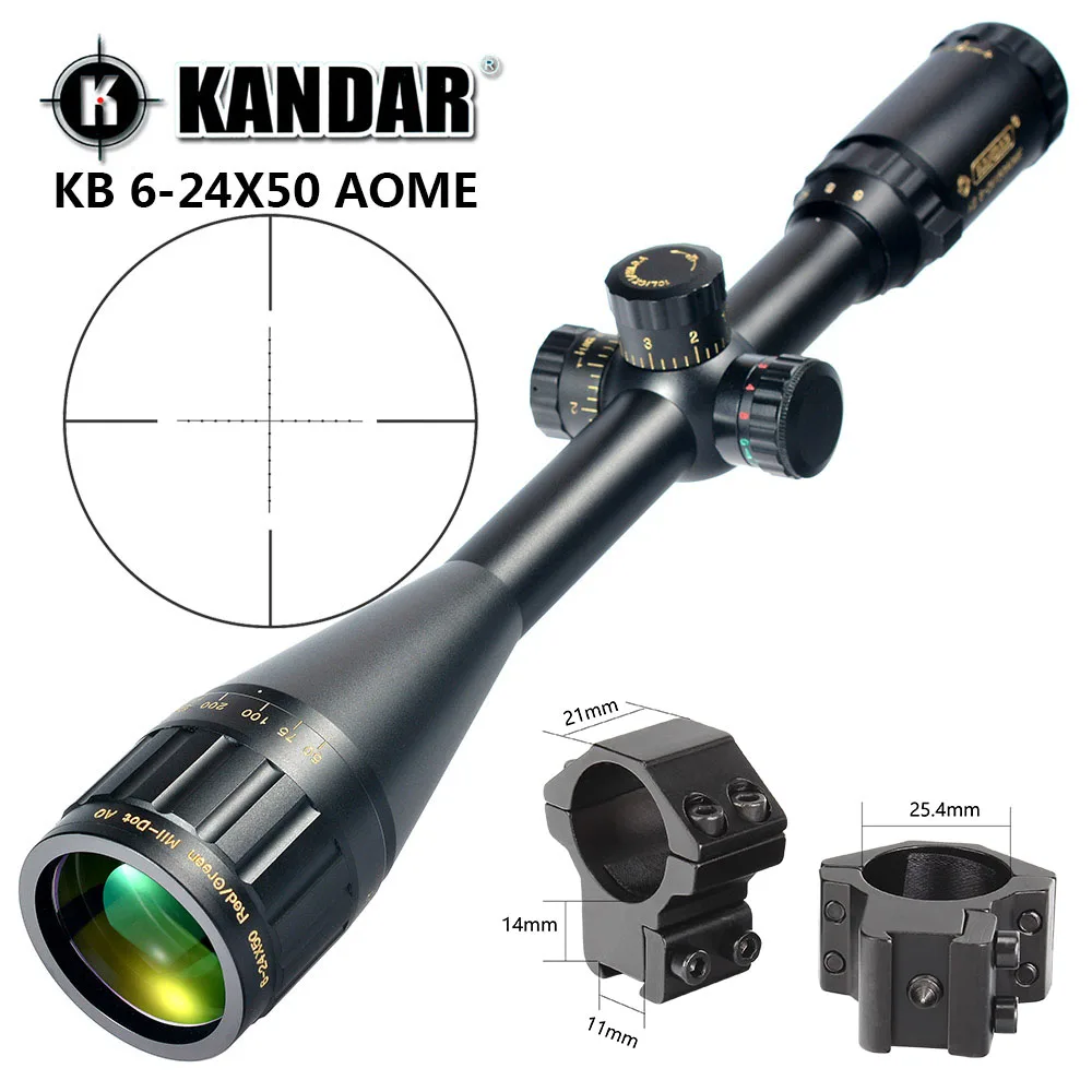 with Dovetail Rings KANDAR Gold Edition 6-24x50 AOME стекло гравированное Mil-dot Сетка фиксирующий прицел охотничий прицел тактический оптический прицел - Color: with Dovetail Rings