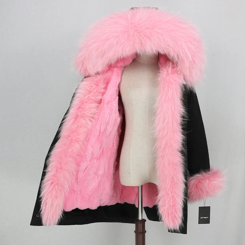 black pink OFTBUY Водонепроницаемая парка зимняя куртка женская шуба из натурального меха енота воротник капюшон Подкладка из натурального кроличьего меха уличная одежда - Цвет: black pink