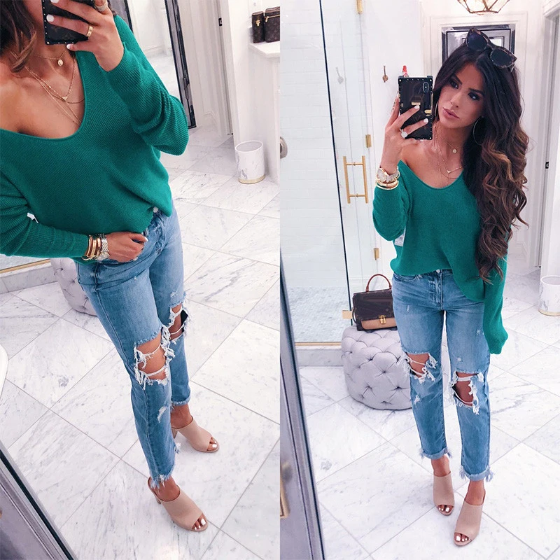 ELSVIOS пикантные одно плечо вязаный свитер для женщин Сплошной пуловеры трикотаж