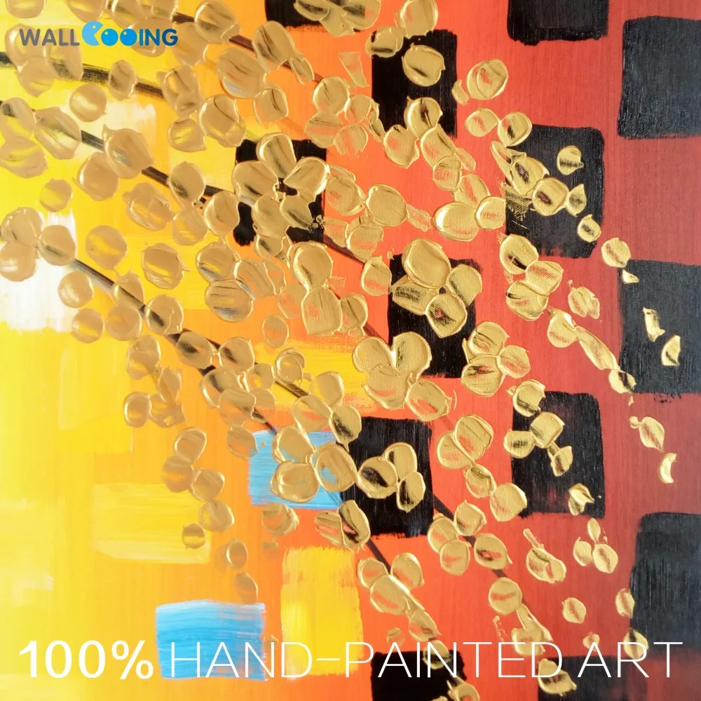 Настенная живопись 100% ручная роспись 3 панели Холст Картина fortune tree золотое