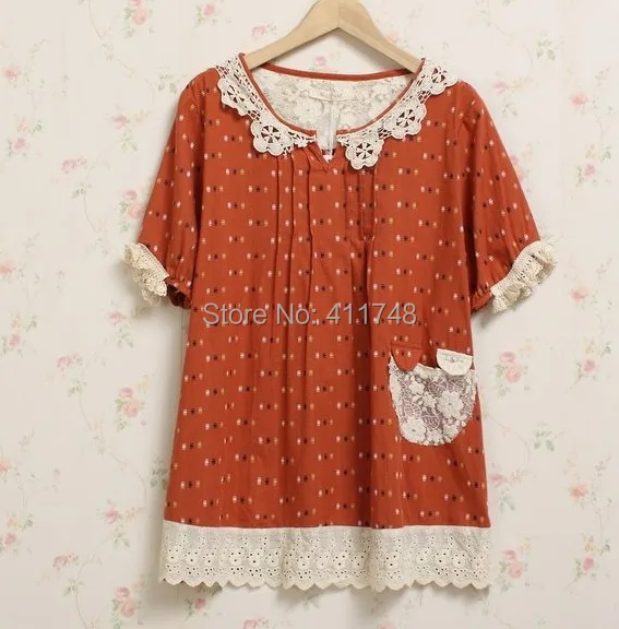 Женская рубашка в стиле девушки Мори 2015 кружевные топы с коротким рукавом и