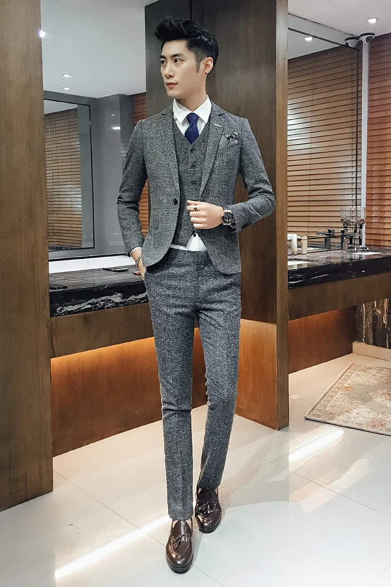 

Wedding Formal Wear Suits & Blazer Men's Good Quality Gray Plaid Suits Fashion Male Formal Dress Suits Blazer Jackets+Pants+Vest