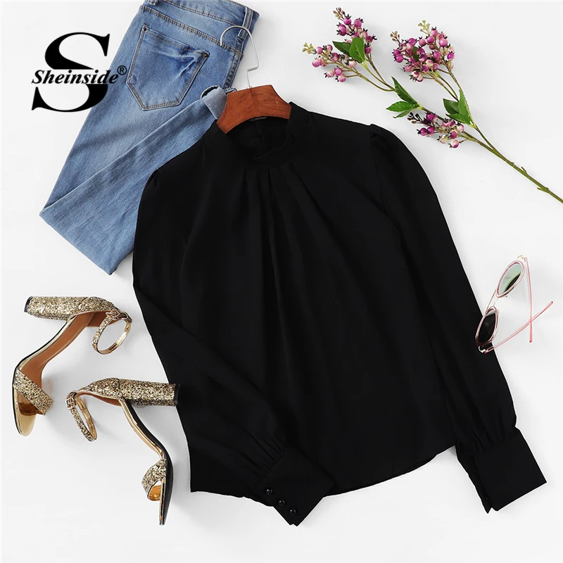 Sheinside черная шифоновая рабочая одежда со стоячим воротником, топы для офисных девушек, длинные рукава, плиссированные, обычная посадка, женские осенние элегантные блузки