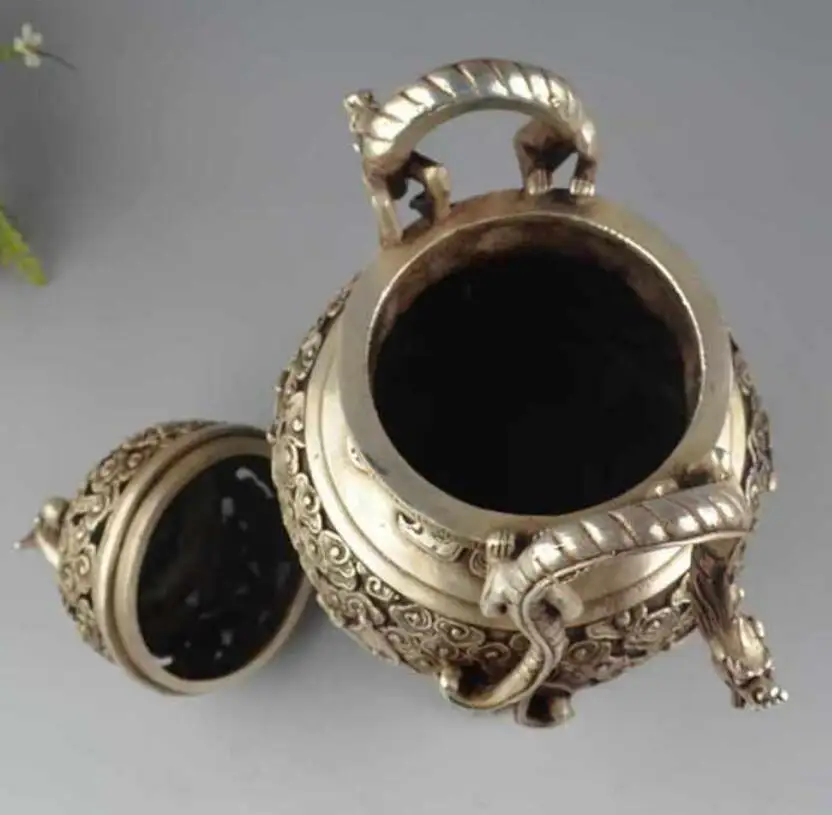 

Chinese Silver Fengshui Dragon Beast Bat Wealth Lucky Incense Burner