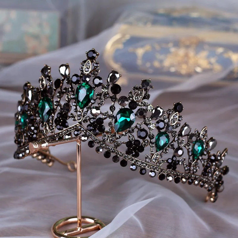 

DIEZI Baroque Black Green Stone Crystal Crowns Tiara Bride Headband For Wedding Bridal Diadem Queen Crown Hair Accessories