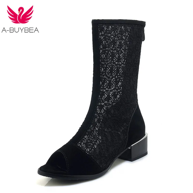 A-BUYBEA новые флоковые и сетки женские ботинки до середины икры на молнии открытый