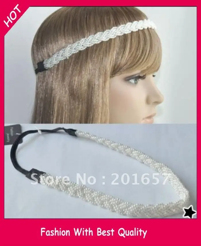 Wholesale and Retail fashion pearl braid beads headband Elastic hair band white hair accessories 1pc/lot