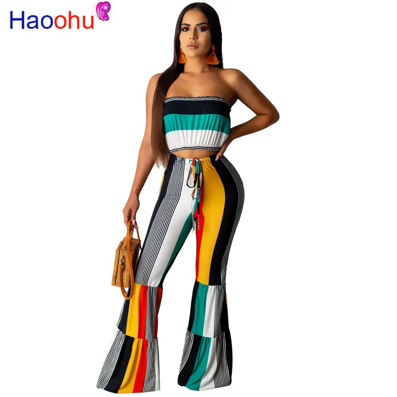 

HAOOHU 2019 Women summer colorful stripes strapless top & flare pants suit two piece set sexy beach tracksuit fashion outfit