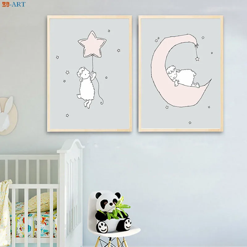 Ягненка луна звезды плакат для детской печати Картина на холсте розовые и серые
