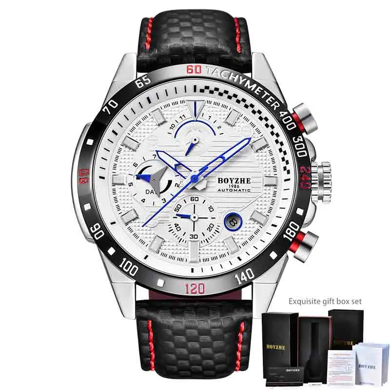 White Black Leather Мужские спортивные автоматические часы BOYZHE из нержавеющей стали с хронографом, мужские механические часы с автоматической датой, роскошный бренд, montre homme - Цвет: White Black Leather