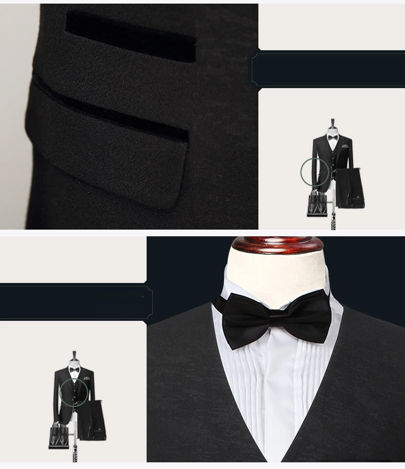 Мода черный смокинг для мужчин костюм Свадебные Жених Slim Fit 3 шт. вечернее платье(куртка+ жилет+ брюки