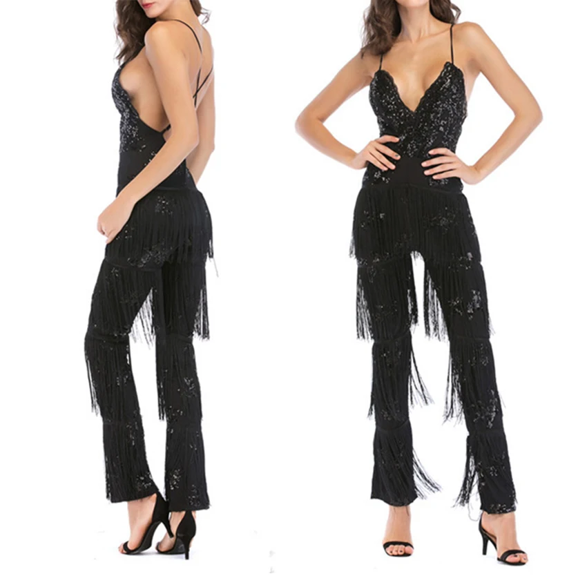 

Womens Sexy Rompers Jumpsuit Solid Women Sequins Summer Elegant Bandages Club Party Bodysuit Overalls Women Tassels Clothes