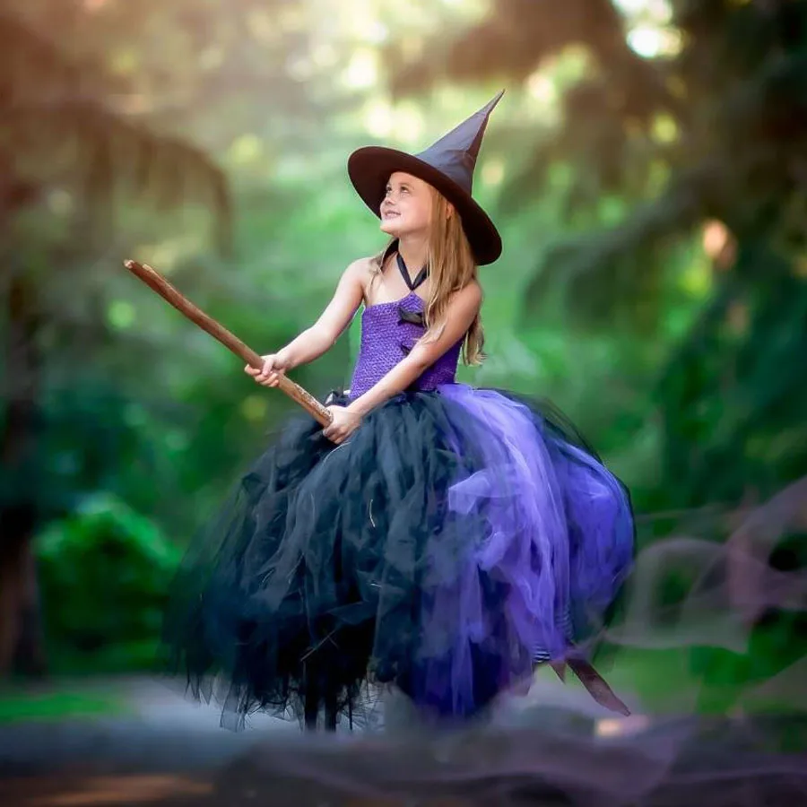 Black Purple Girls Tutu Dress Little Witch Halloween Costume Kids Party Carnival Cosplay Photo Props | Детская одежда и обувь