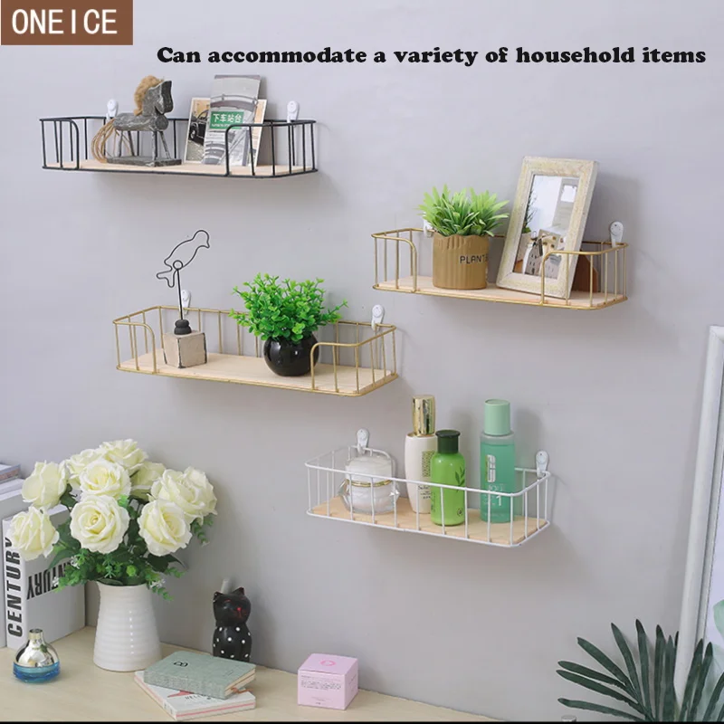 

European wall decoration storage rack Metal iron wood shelf Home wall flower shelf Kitchen bathroom wall storage free delivery