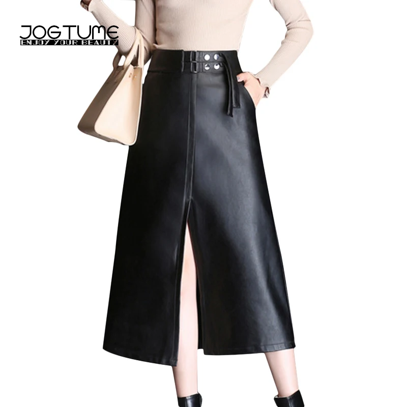 Женская Длинная кожаная юбка JOGTUME черная из искусственной кожи с высокой талией и