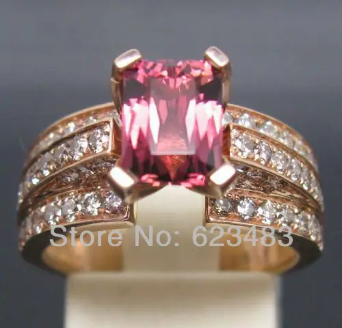 

Solid 14K Rose Gold Natural Pink Tourmaline Engagement Diamonds Wedding Ring