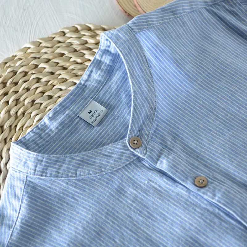 2018 Men's stripe Three Quarter Linen Shirt Mandarin collar summer shirt men linen cotton casual male breathable | Мужская одежда