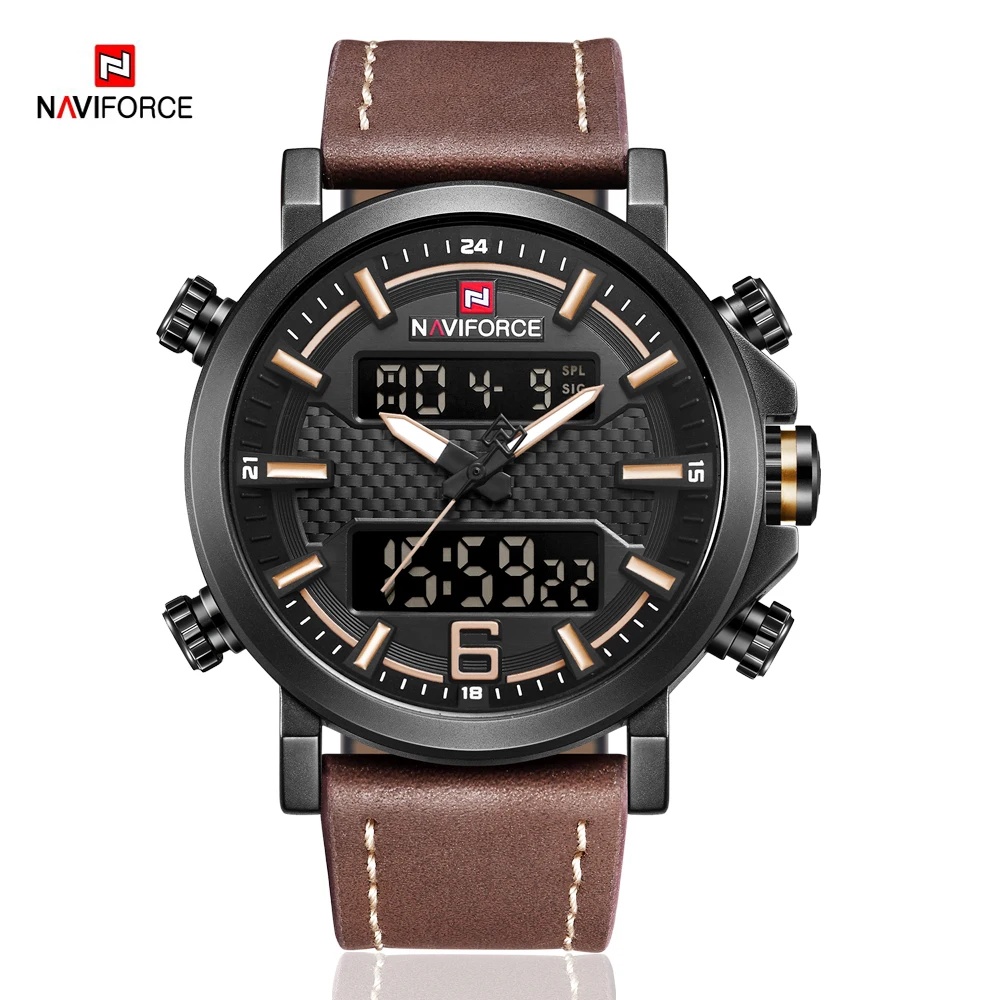 

NAVIFORCE Top Luxury Brand Men Quartz Watch Leather Strap Military Watches Mens Waterproof Wristwatch with Date Week Display