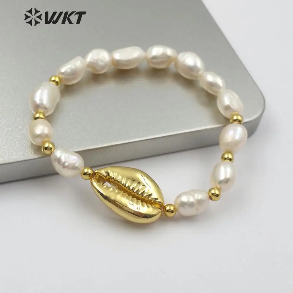 WT-B458 Cowrie &amp жемчужный браслет ручной работы Золотая или отделка подвеска с