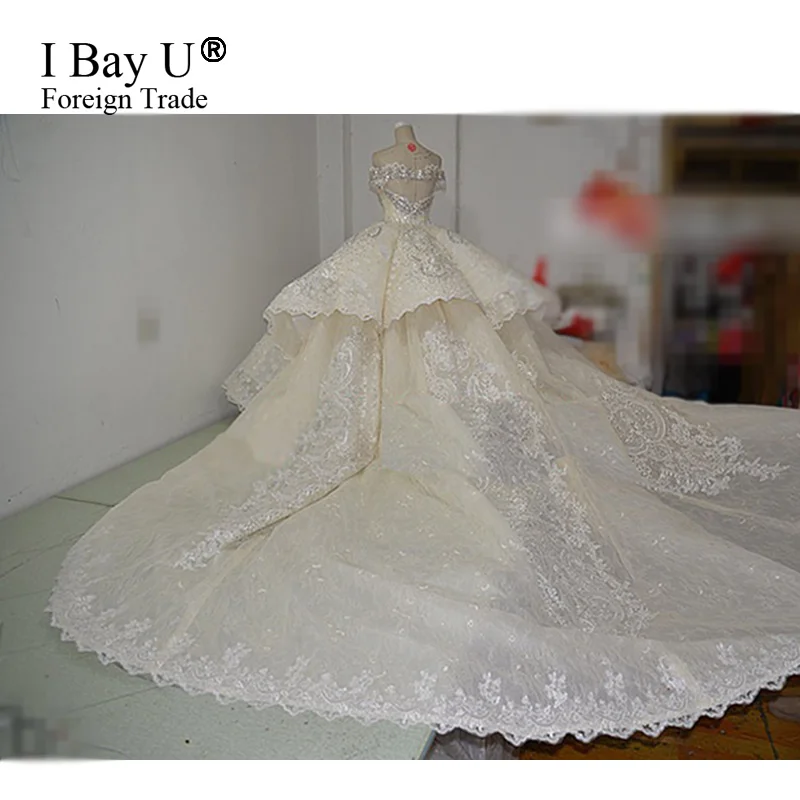 Реальные фотографии 380 см поезд роскошное свадебное платье принцессы Vestido De Novia 3D кружево кристалл бальное Свадебные платья